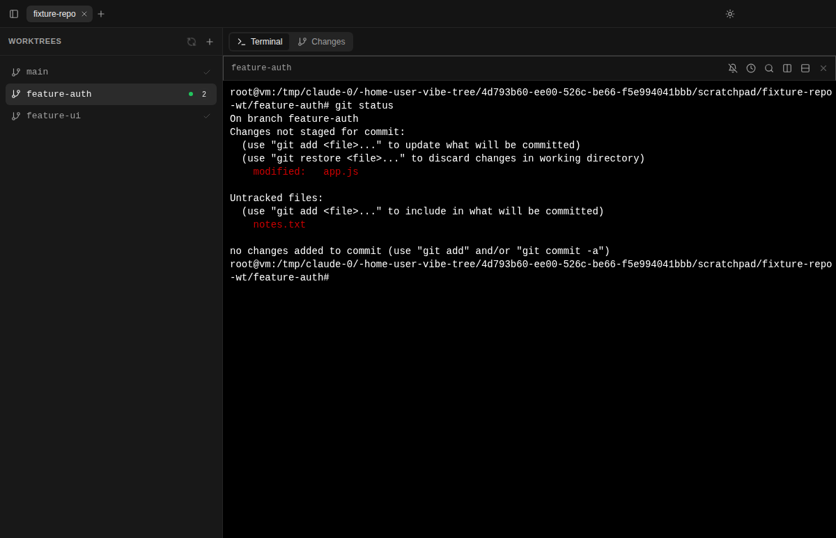 VibeTree desktop app running an agent in a git worktree